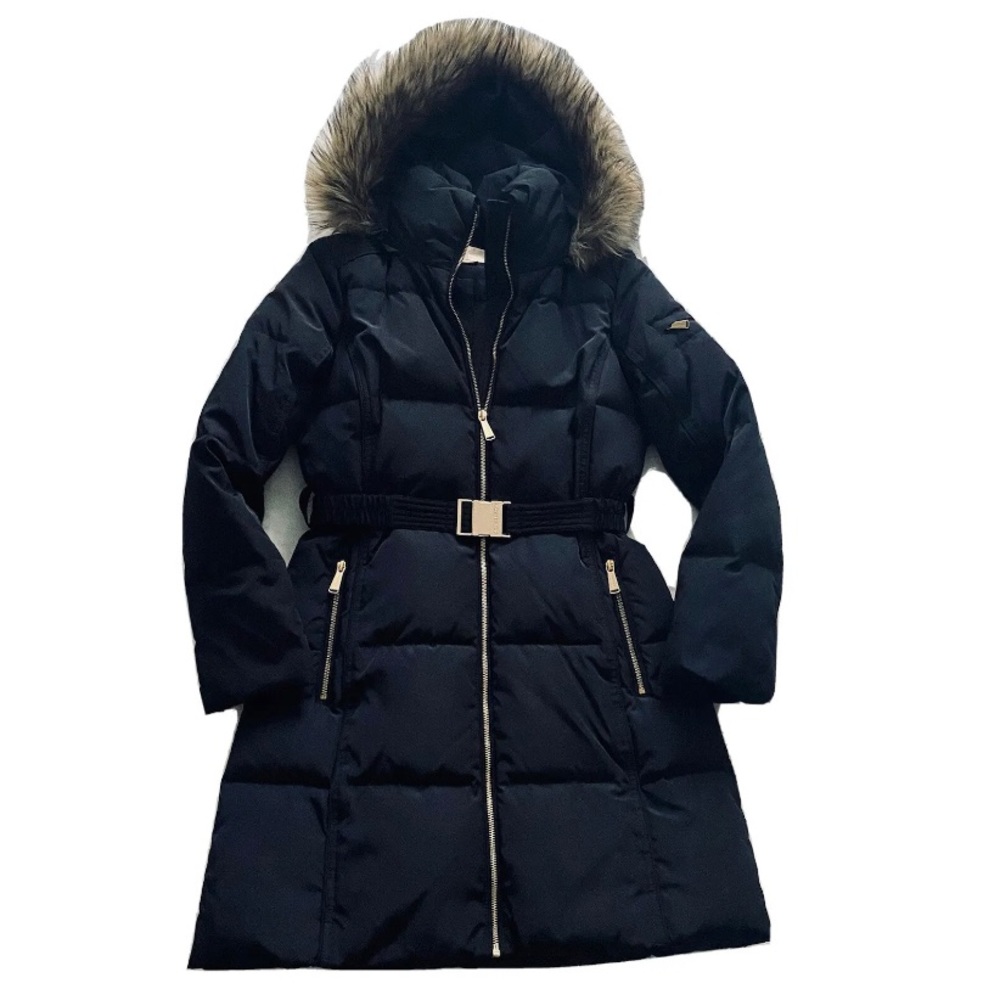 Michael Kors Down Fill Water Wind Resistant Belted Zip Up Navy Puffer Coat Sz S
